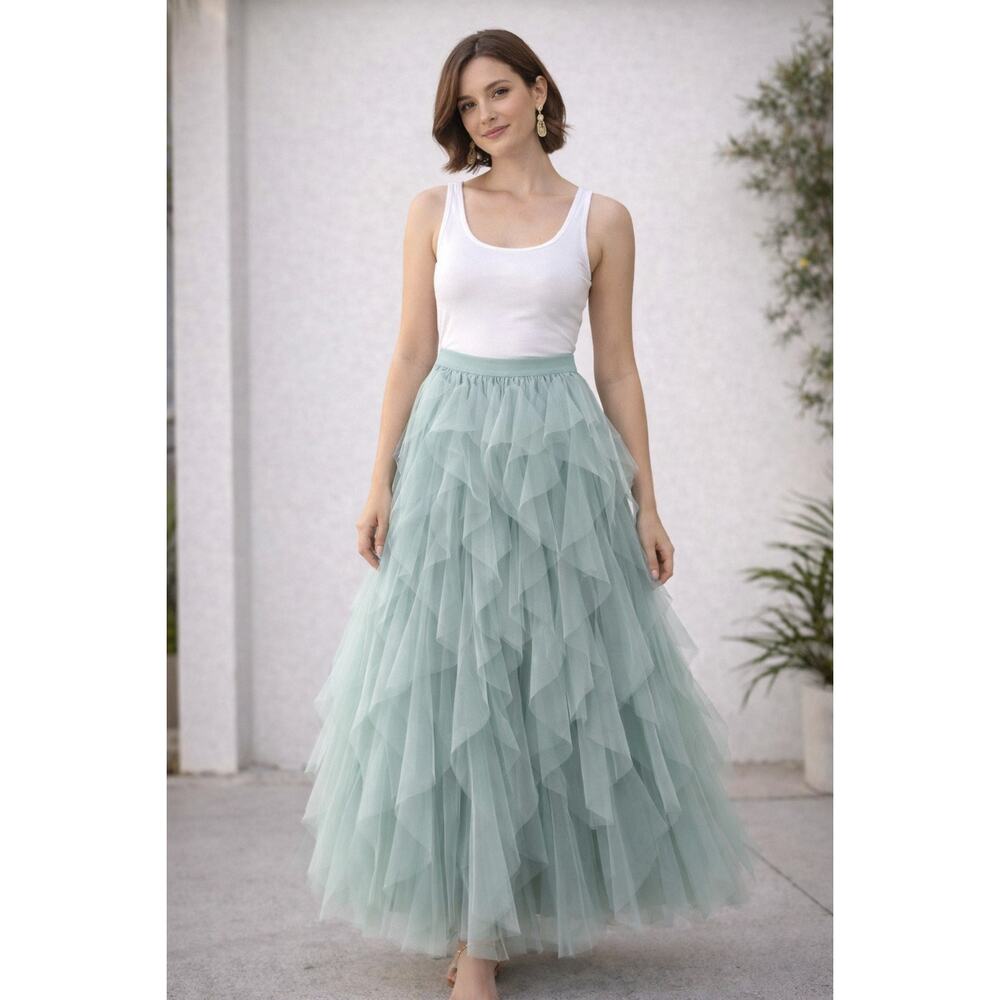 Soho Apparel Ethereal Sage Tiered Tulle Maxi Skirt XL - Picture 1 of 4